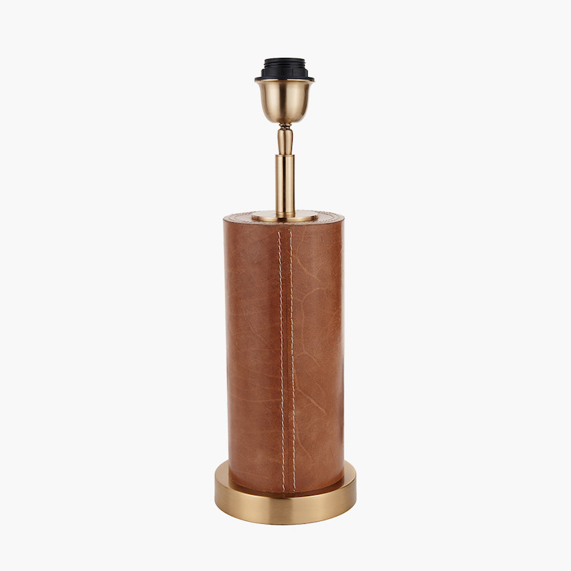 Laurence Tan Leather and Brass Cylindrical Table Lamp Pacific Lifestyle